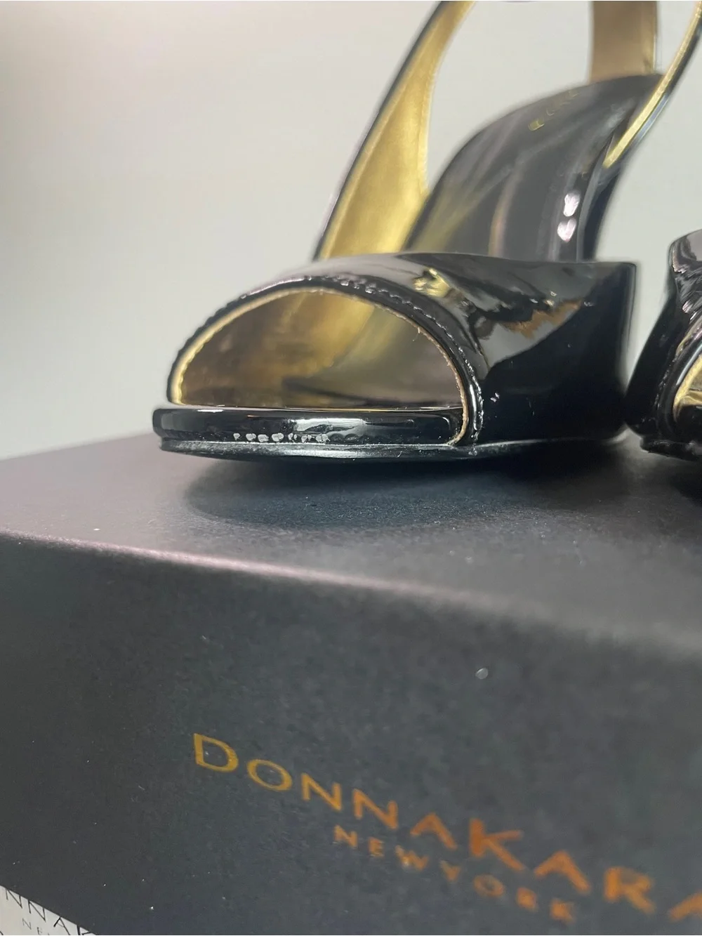 Donna Karan - Somerset - Black Patent Peep-Toe Ankle-Strap Heels with Gold Trim